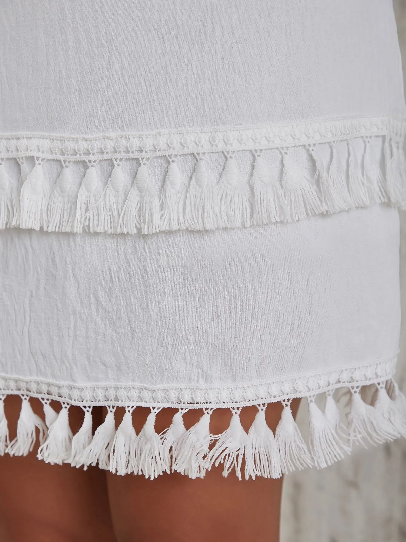 Off Shoulder Tassel Trim Flounce Sleeve Top Skirt Set