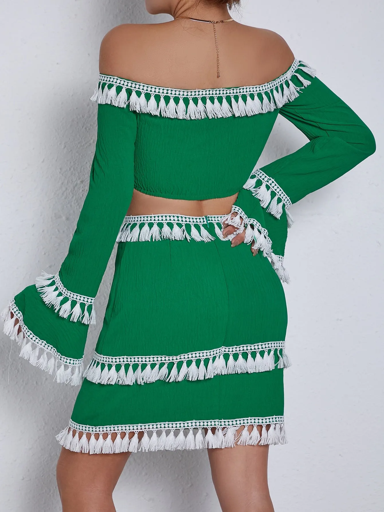 Off Shoulder Tassel Trim Flounce Sleeve Top Skirt Set