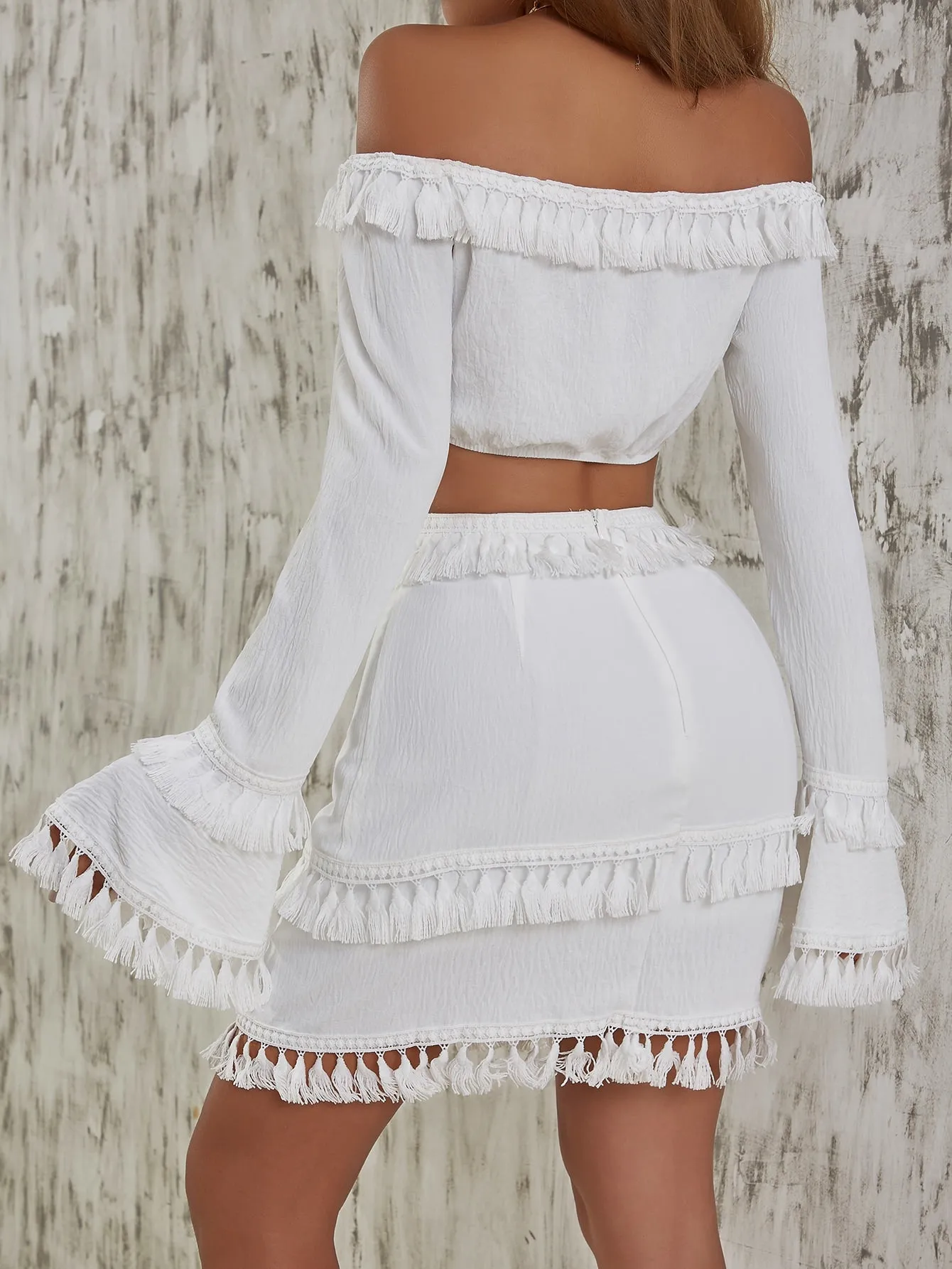 Off Shoulder Tassel Trim Flounce Sleeve Top Skirt Set
