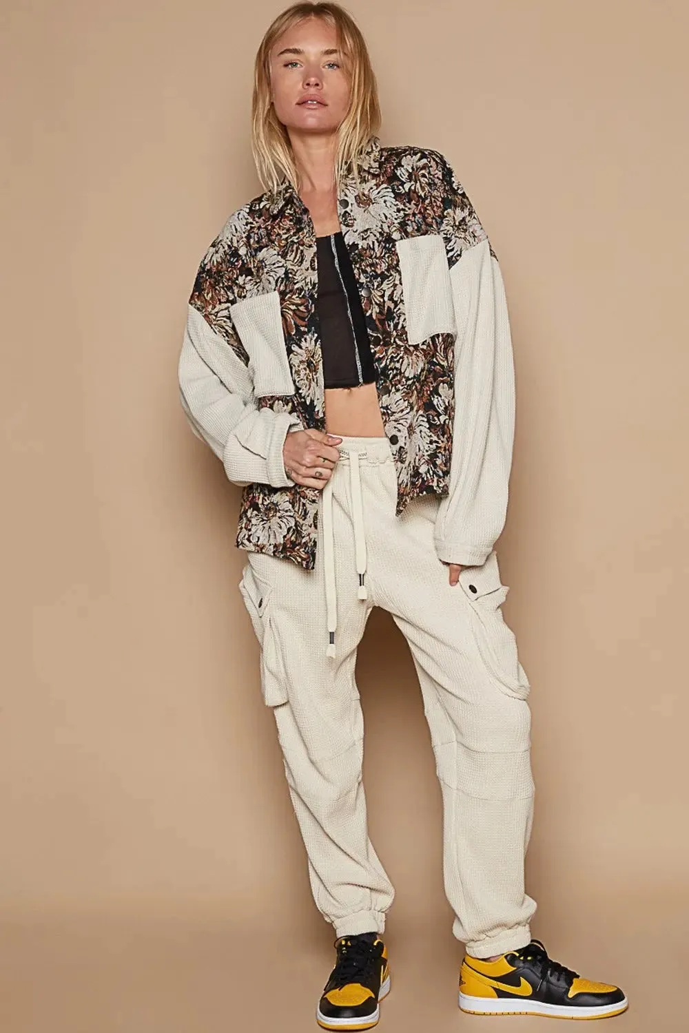 POL - Contrast Sleeves - Button Down Floral Jacquard Shirt