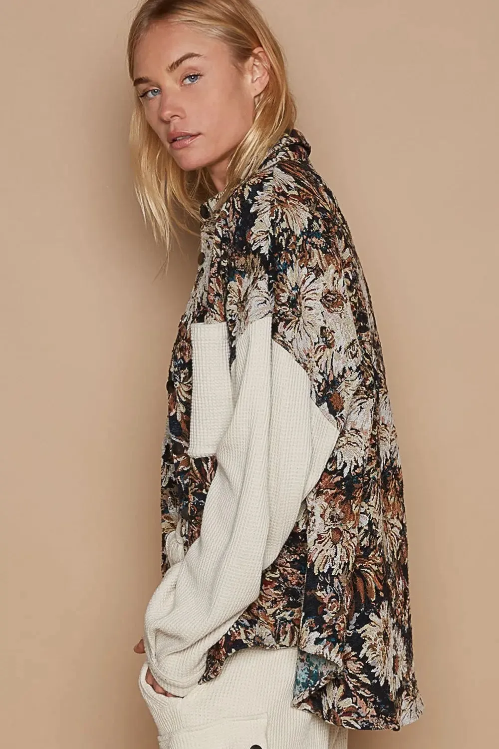 POL - Contrast Sleeves - Button Down Floral Jacquard Shirt