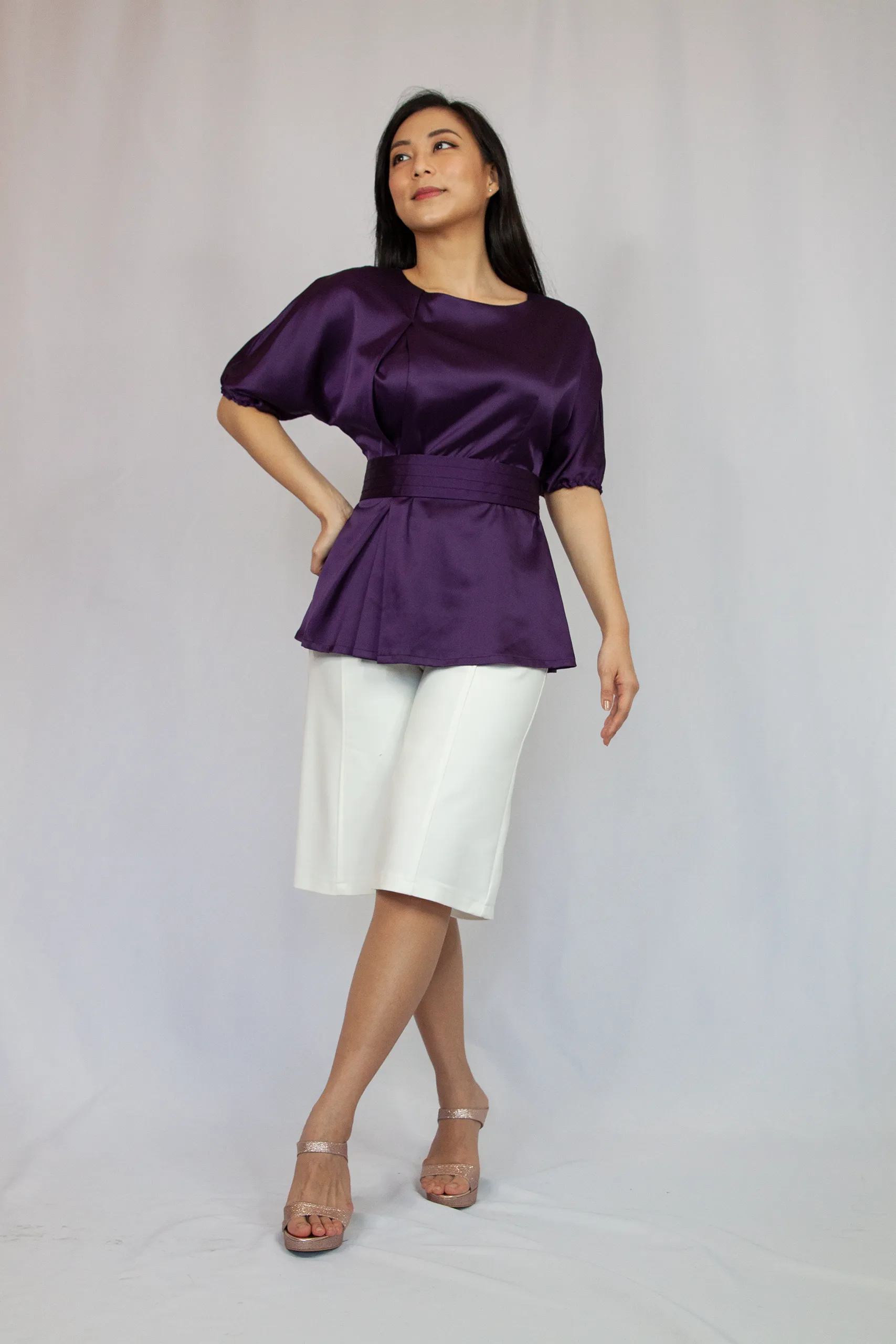 Satin Peplum Blouse With Belt
