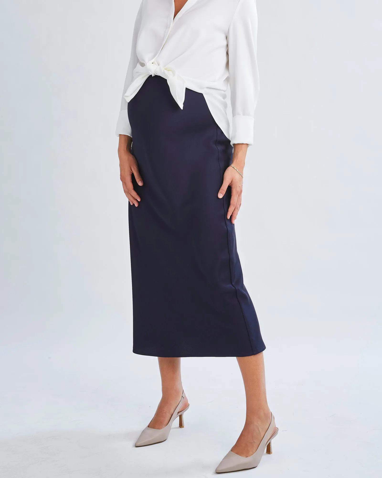 Sheena Maternity Satin-Finish Midi Work Skirt in Navy