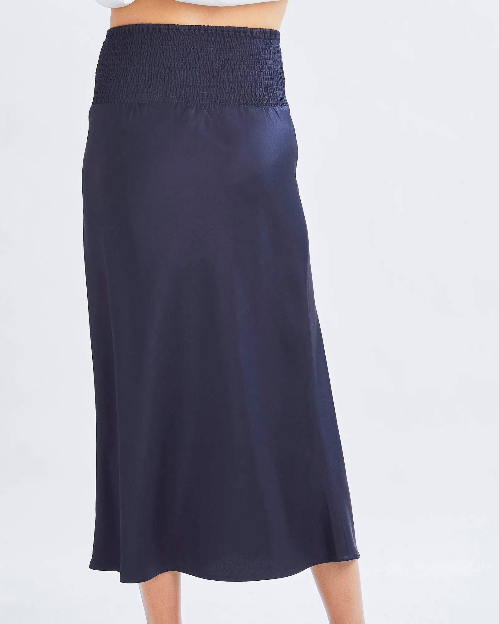 Sheena Maternity Satin-Finish Midi Work Skirt in Navy