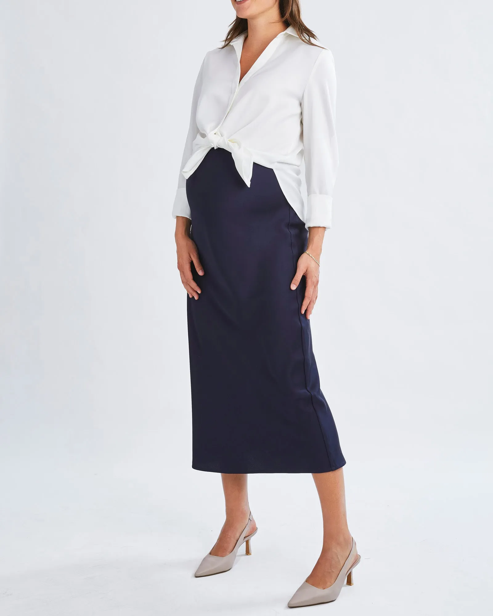 Sheena Maternity Satin-Finish Midi Work Skirt in Navy