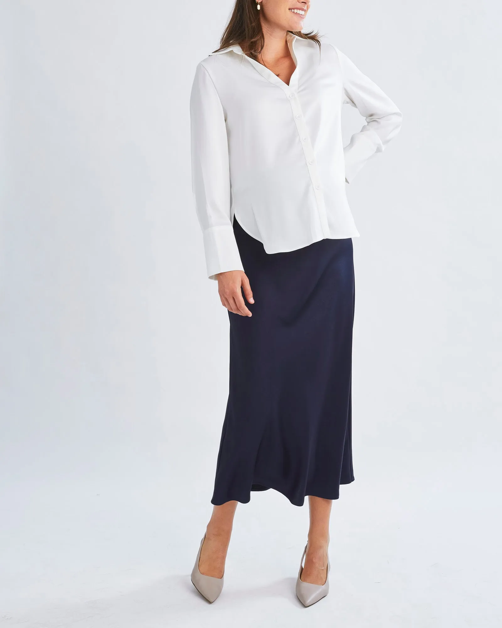 Sheena Maternity Satin-Finish Midi Work Skirt in Navy