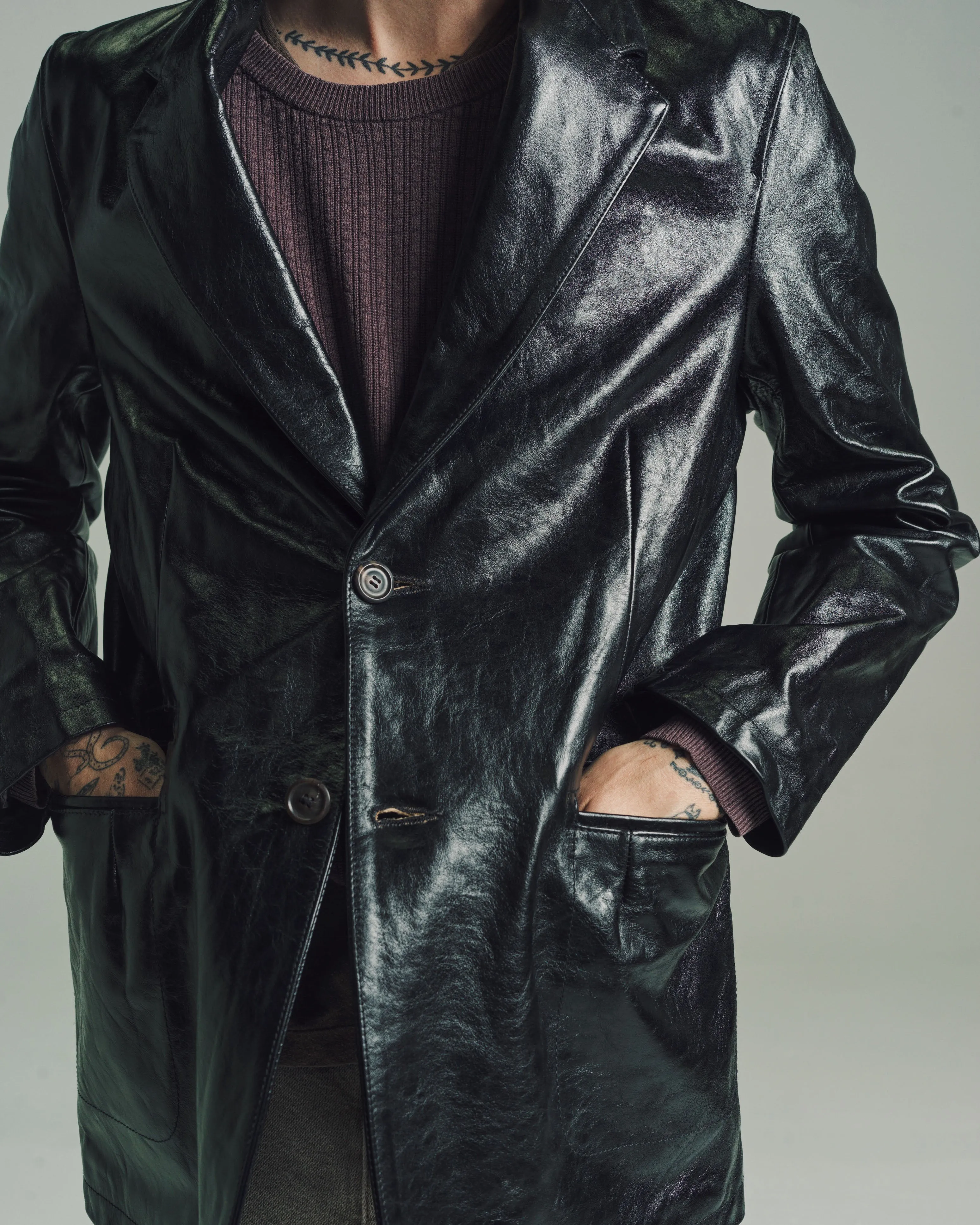 True Dye Black Leather Opening Blazer