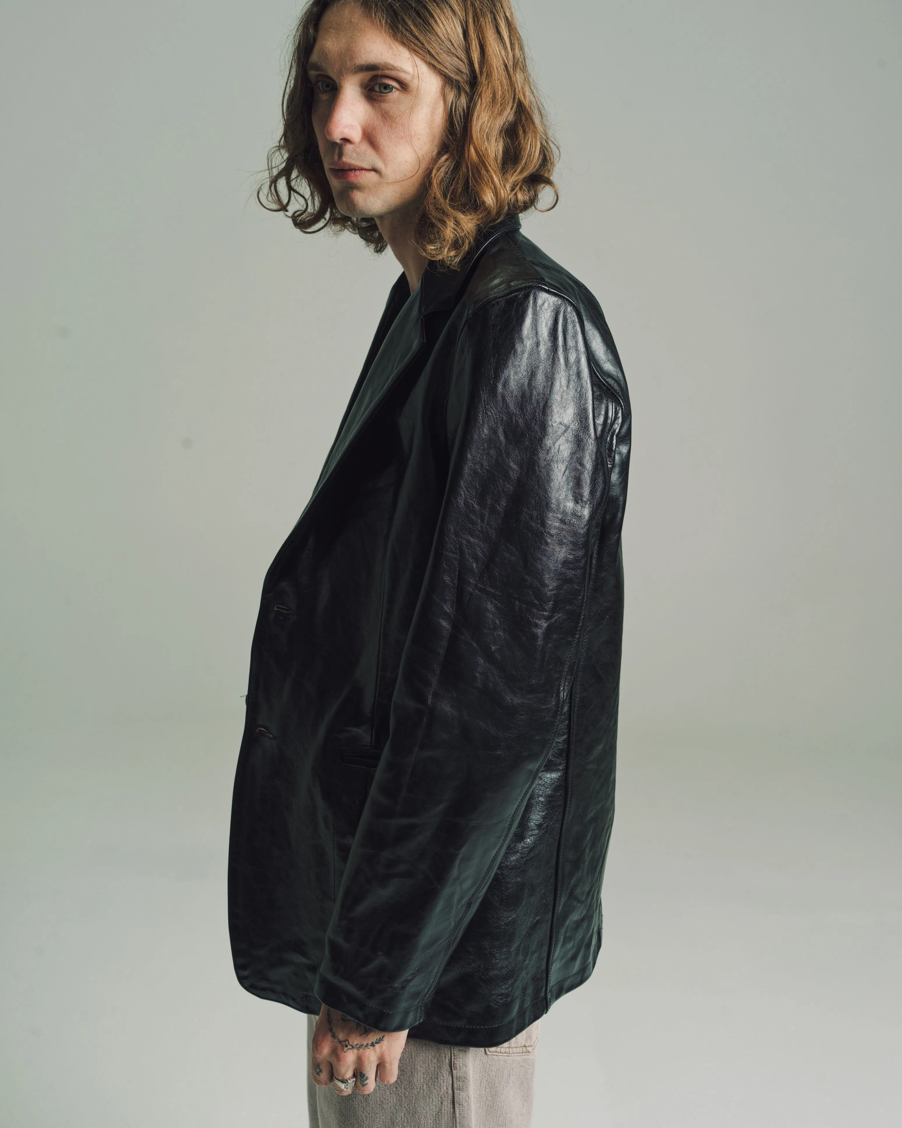True Dye Black Leather Opening Blazer