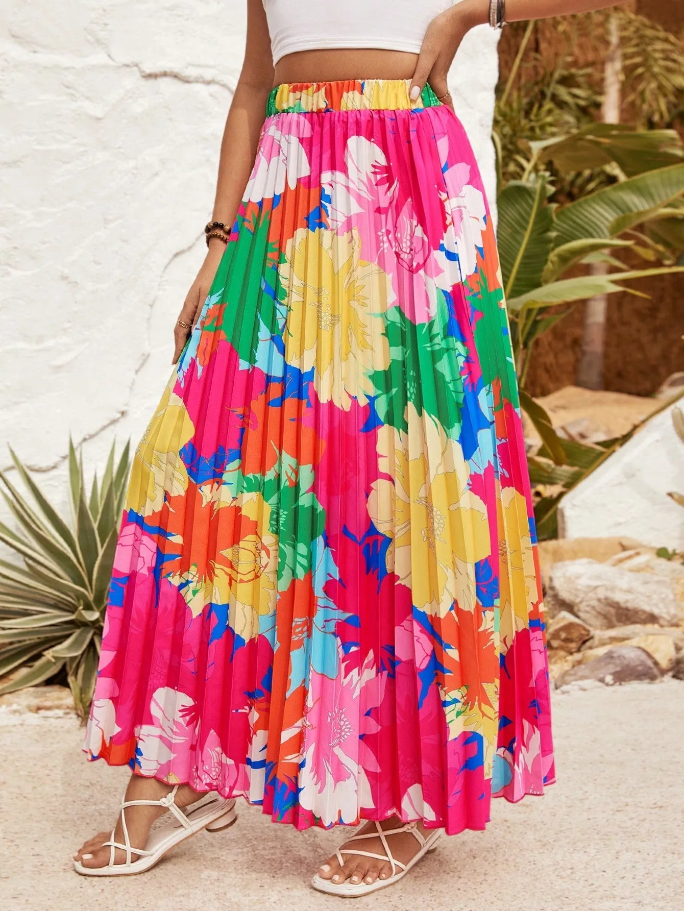 VCAY Women's Floral Printed Pleated Skirt