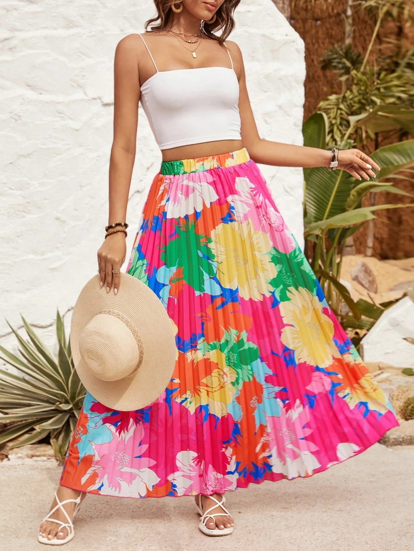 VCAY Women's Floral Printed Pleated Skirt