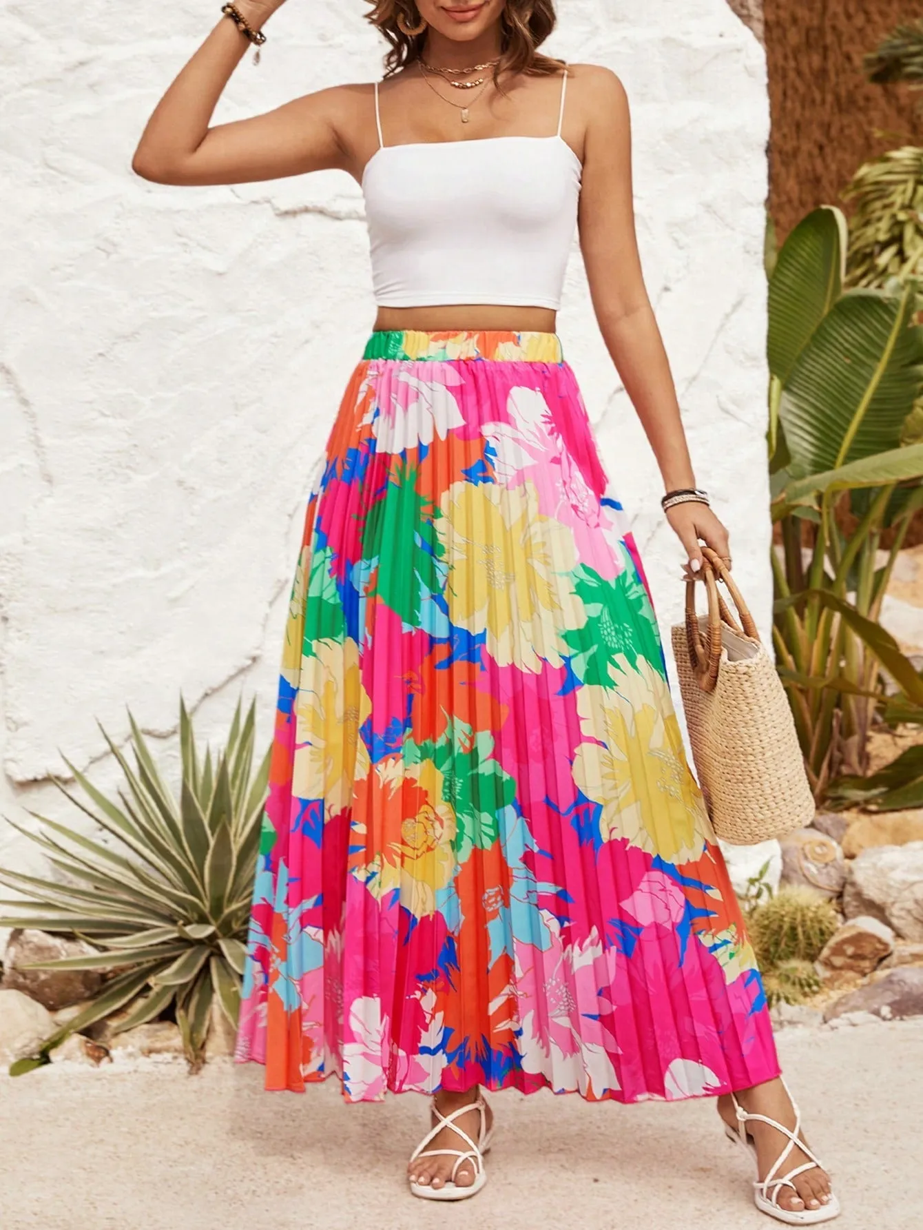 VCAY Women's Floral Printed Pleated Skirt
