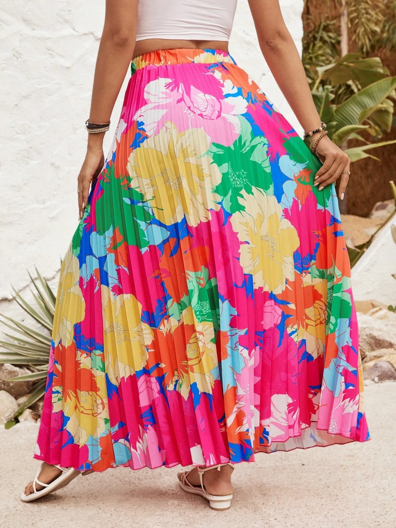 VCAY Women's Floral Printed Pleated Skirt