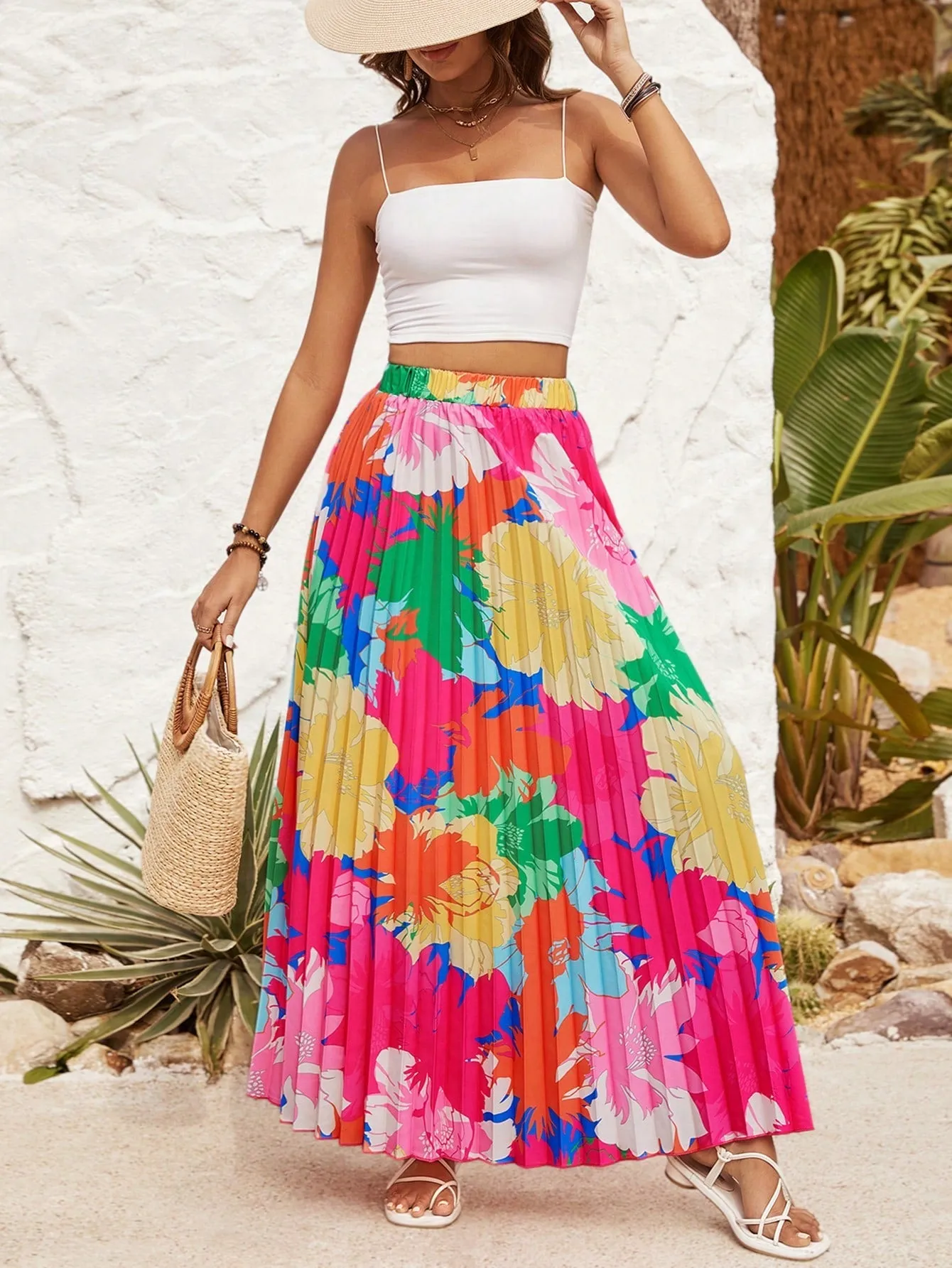 VCAY Women's Floral Printed Pleated Skirt
